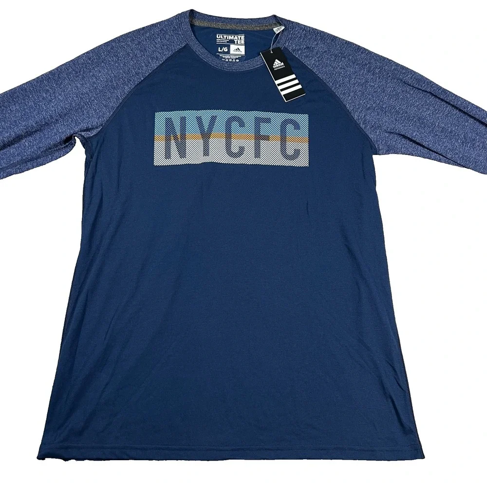 Adidas Mens Large Blue Crew Neck Long Sleeve Pullover NYCFC Performance Tee NWT‎
